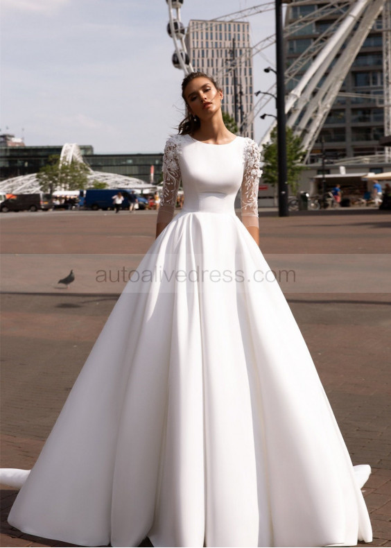 Three Quarter Sleeve White Wedding Dress